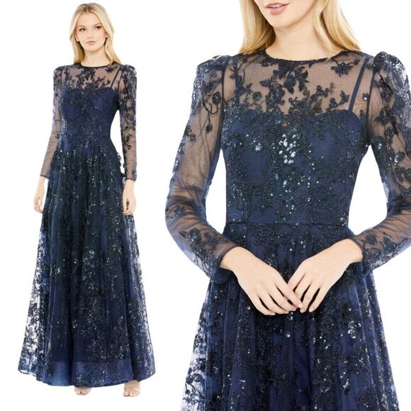 Mac Duggal 50664 Size 18 Blue Embroidered Long Sleeve High Neck Maxi‎ Dress Gown - Picture 1 of 5